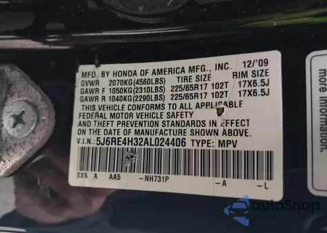 2010 Honda Cr-V Lx z USA, uszkodzony, nr VIN 5J6RE4H32AL024406